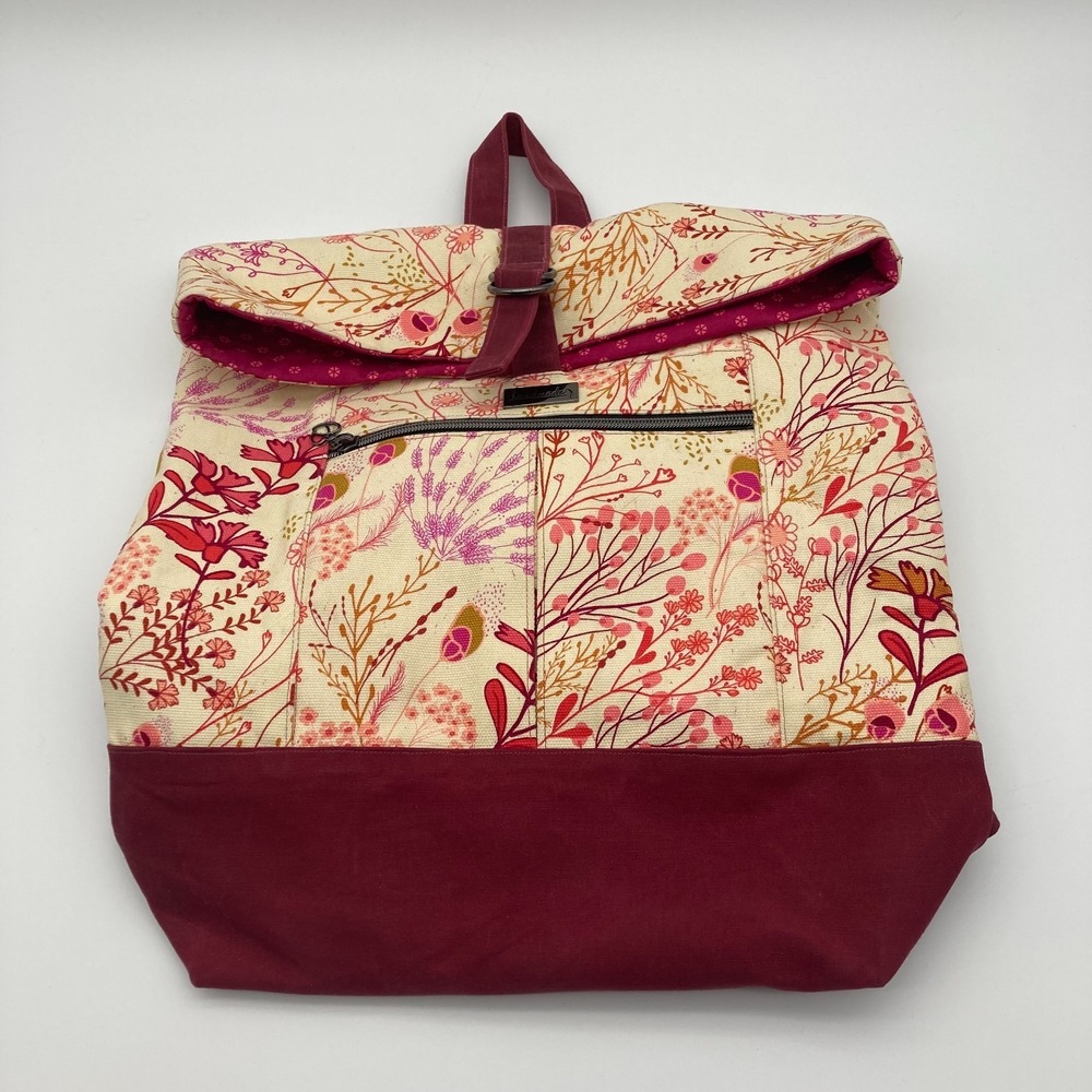 Handmade Botanical Canvas Roll-Top Backpack - Wildflower Print & Burgundy Trim